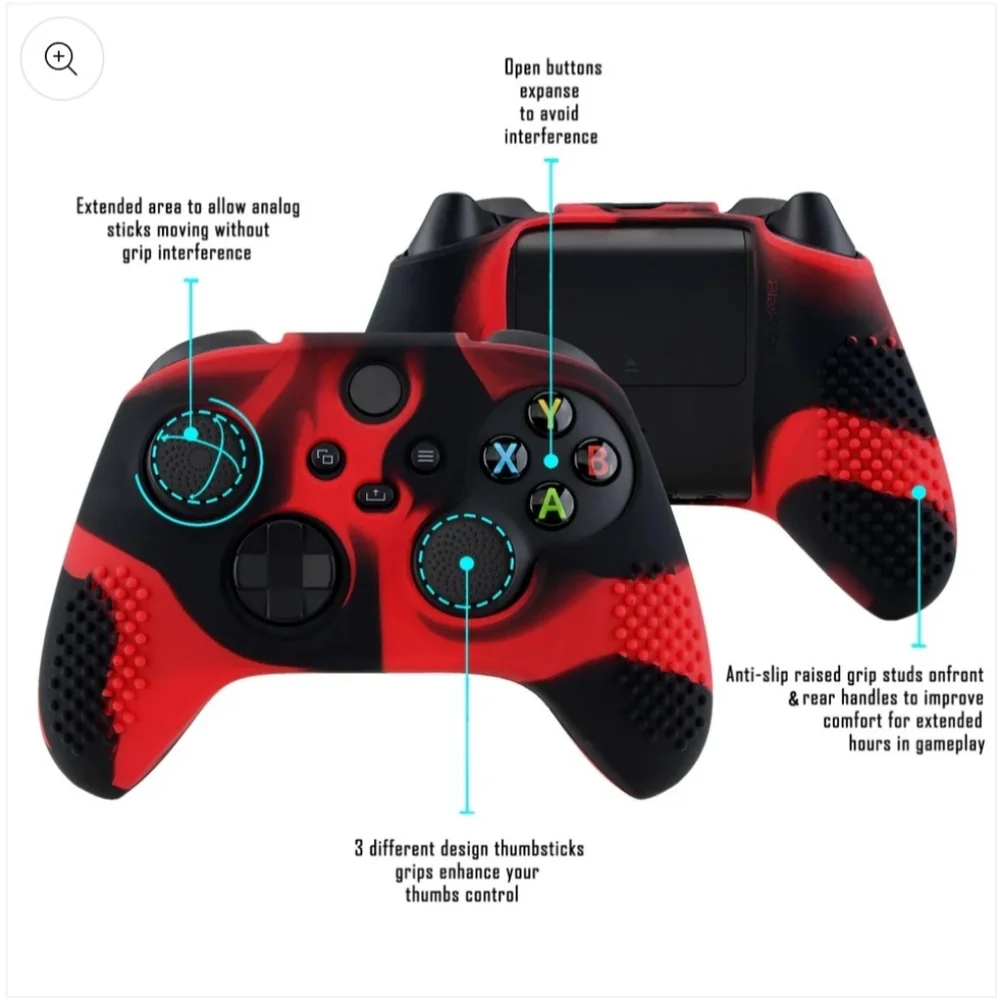 PlayVital Red & Black Gaming Silicone Anti-slip Skin with Thumb Grips XBOX
